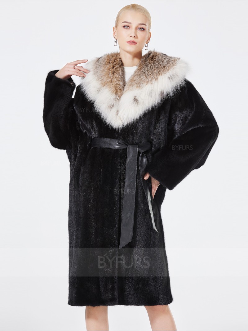 Knee Length Real Mink Fur Coat Female Black with Lynx Shawl Hat