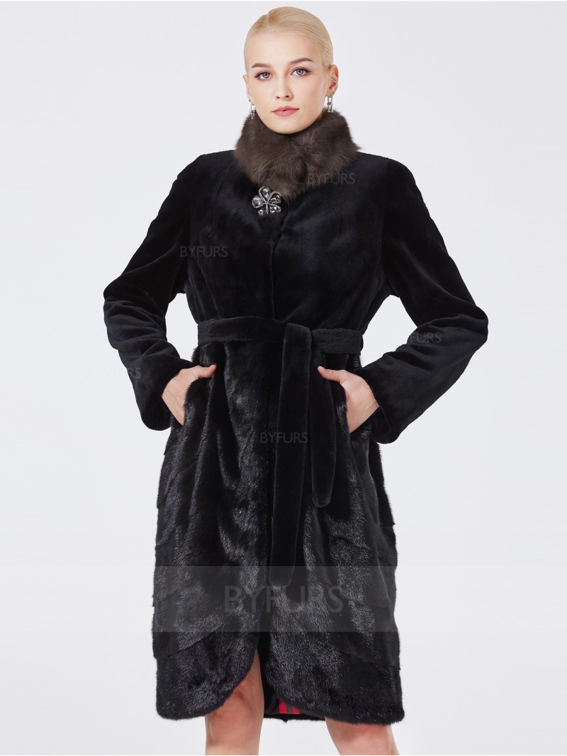 Knee Length Real Mink Fur Female Black Stand Collar