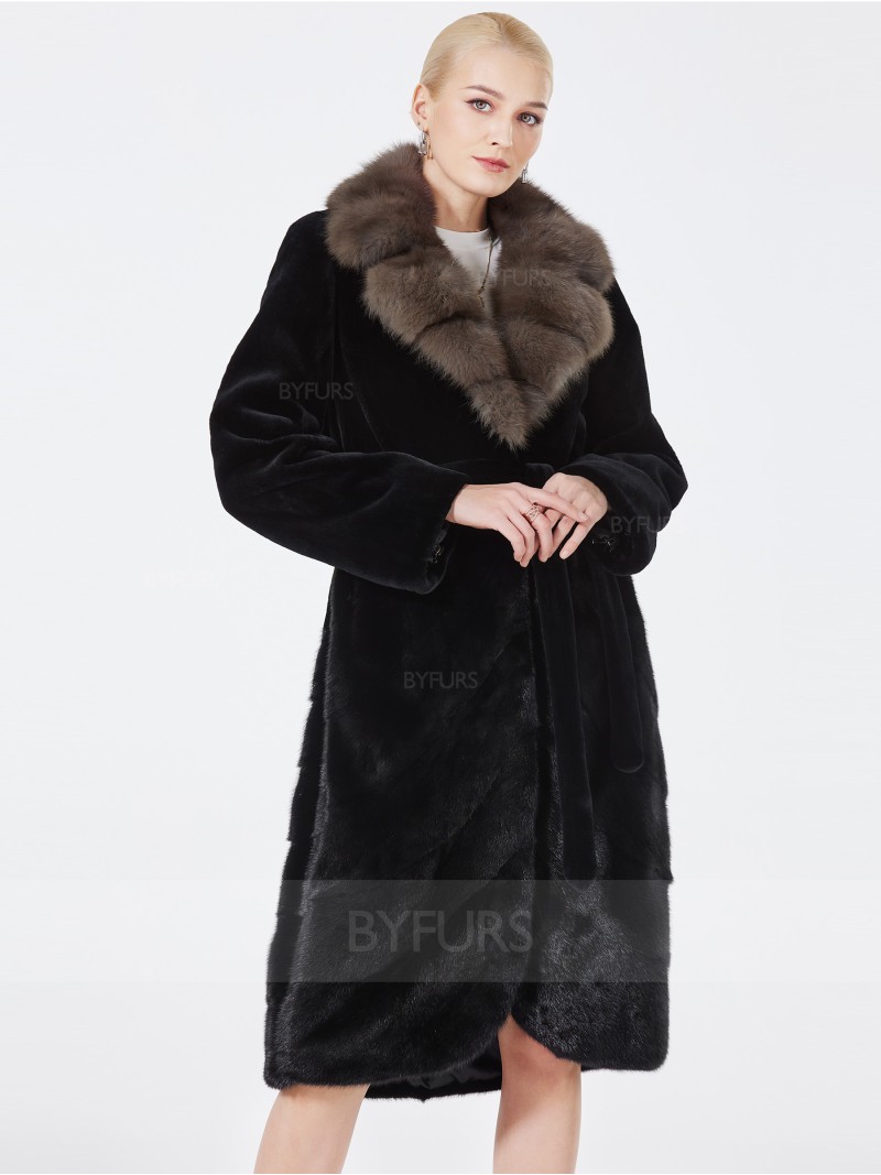 Knee Length Women Mink Fur Coat Black with Snow Plow Shawl Hat