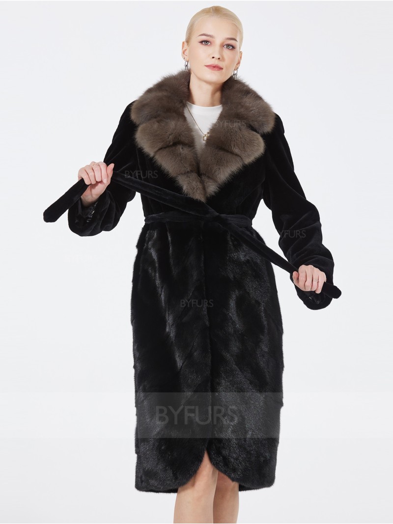 Knee Length Women Mink Fur Coat Black with Snow Plow Shawl Hat