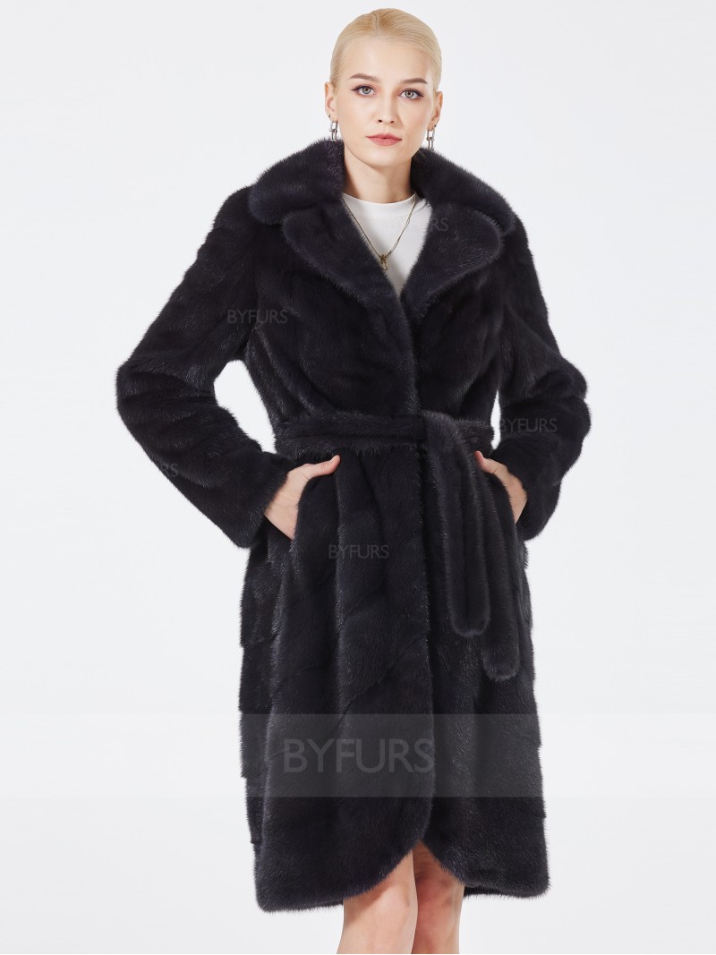 Knee Length Real Mink Fur Coat Women Suit Collar with Pockets