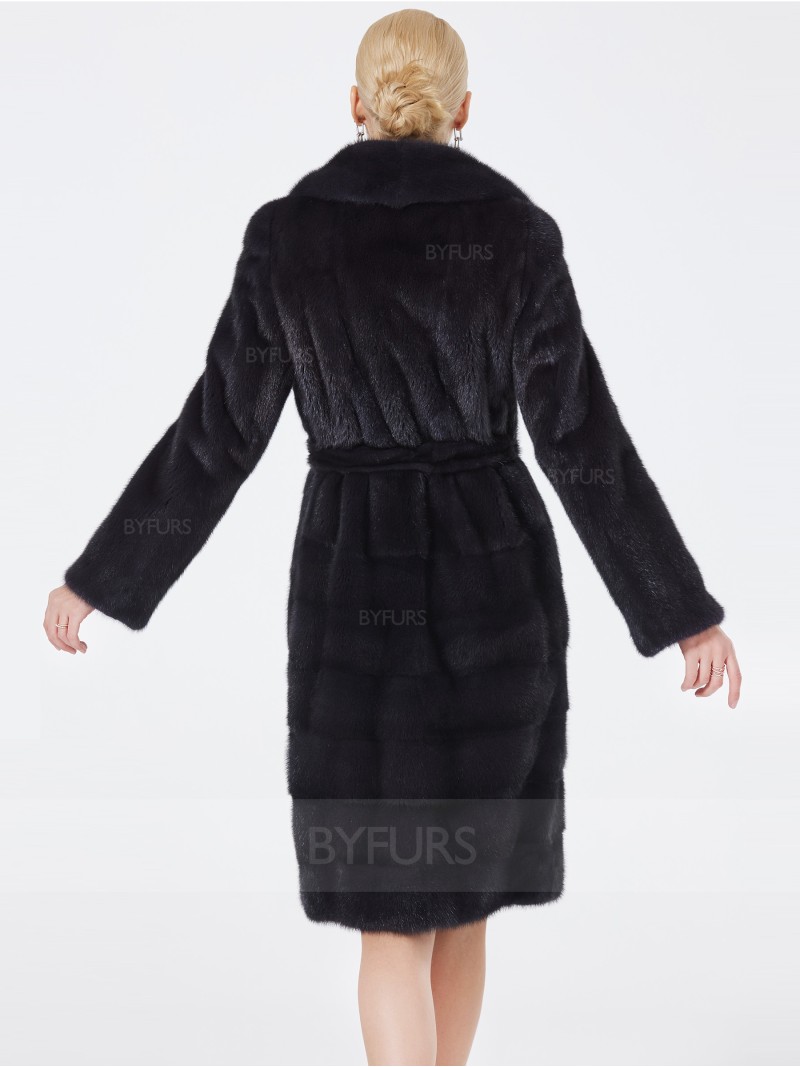 Knee Length Real Mink Fur Coat Women Suit Collar with Pockets