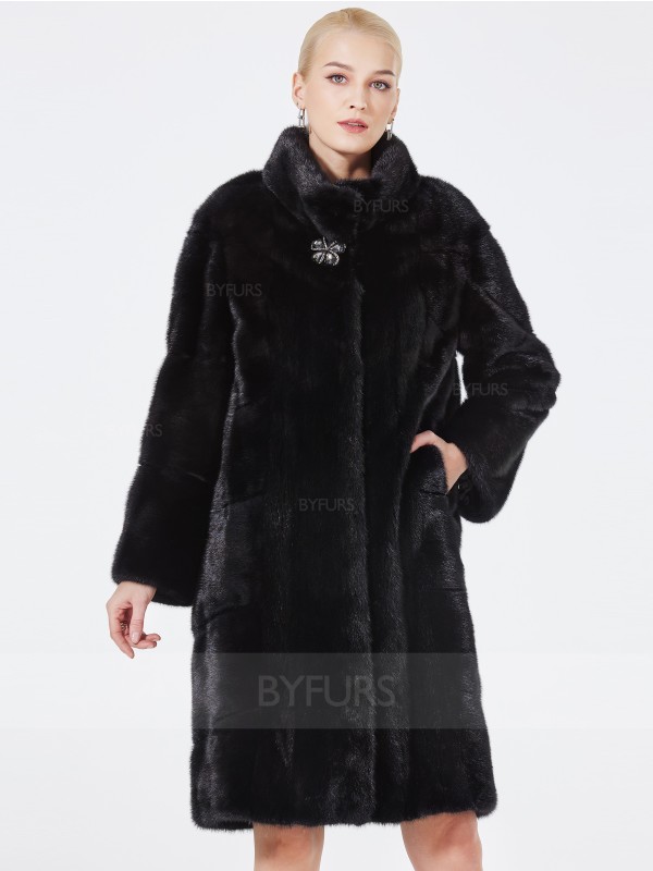 Knee Length Mink Fur Coat Black Stand Collar with Pockets