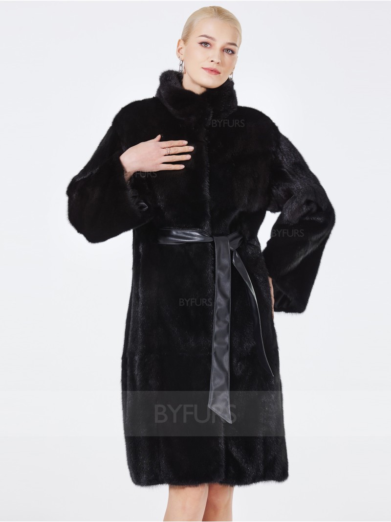 Knee Length Black Real Mink Fur Coat Stand Collar with Girdle