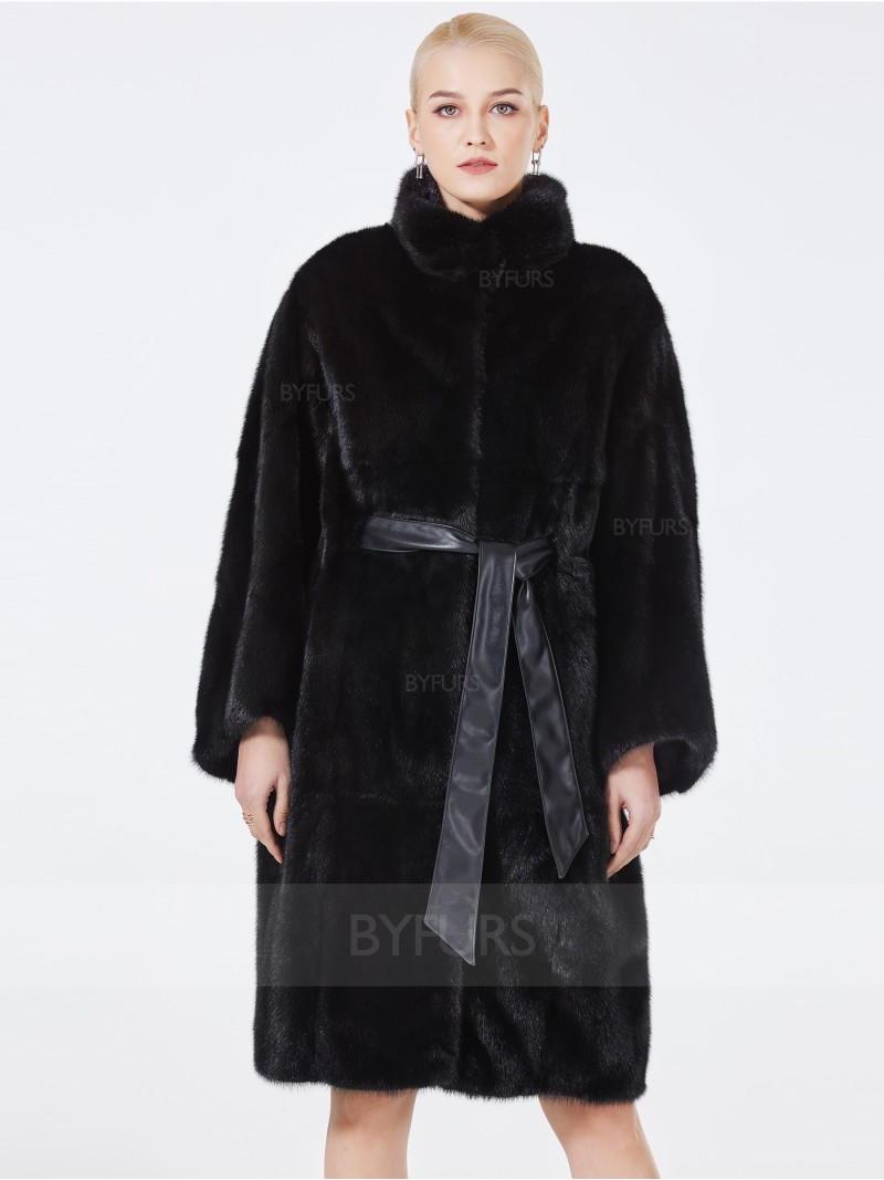 Knee Length Black Real Mink Fur Coat Stand Collar with Girdle