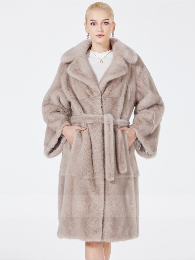 Knee Length Real Mink Fur Coat Female Suit Collar with Girdle Pockets