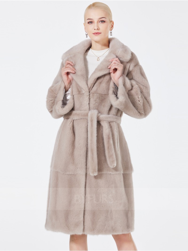 Knee Length Real Mink Fur Coat Female Suit Collar with Girdle Pockets