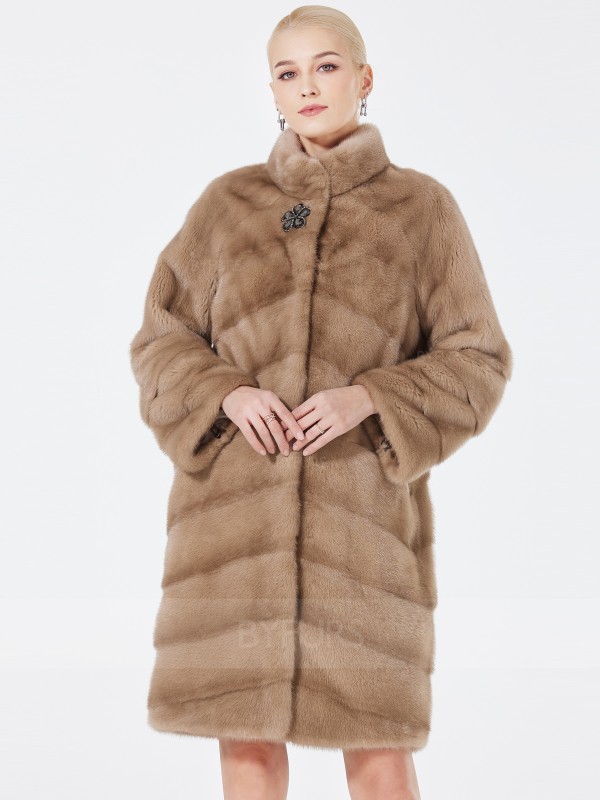 Knee Length Real Mink Fur Coat Stand Collar for Female