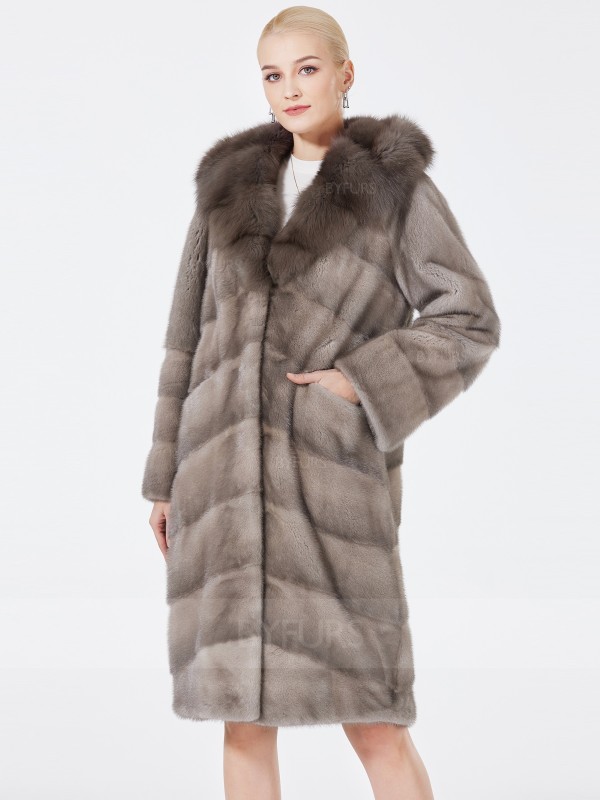 Knee Length Women Mink Fur Coat Silver Blue with Shawl Hat