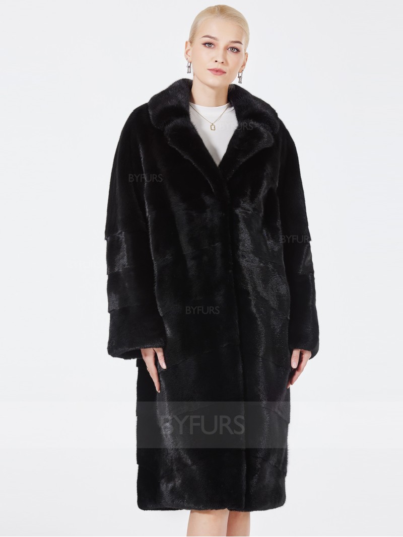 Knee Length Real Mink Fur Coat Female Black Suit Collar