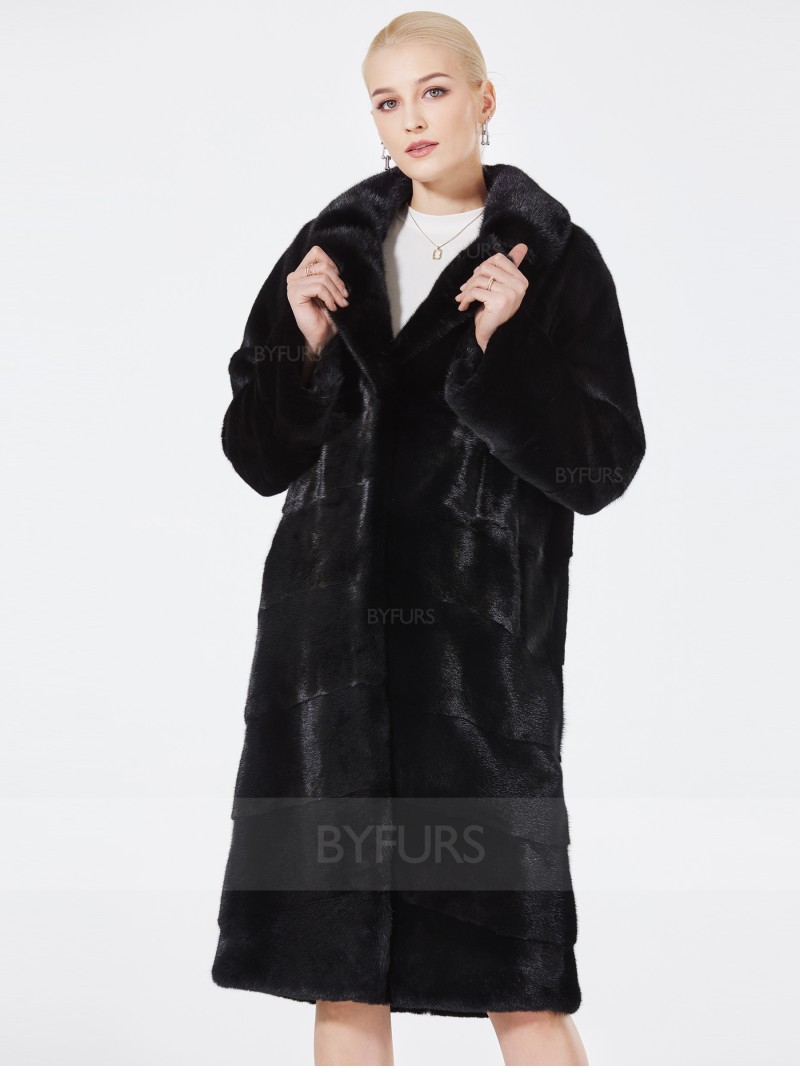 Knee Length Real Mink Fur Coat Female Black Suit Collar