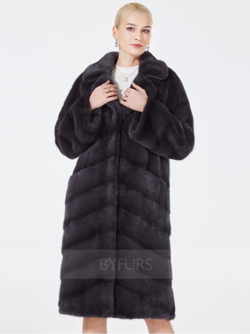 Knee Length Real Mink Fur Coat Suit Collar with Pockets