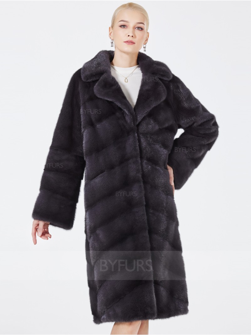 Knee Length Real Mink Fur Coat Suit Collar with Pockets