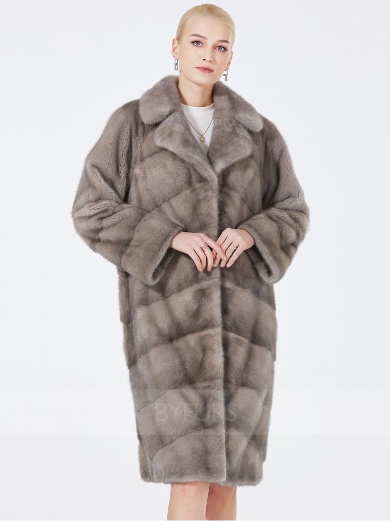 Knee Length Mink Fur Coat Silver Blue Suit Collar with Pockets