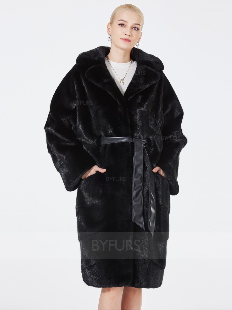 Knee Length Mink Fur Coat Black Suit Collar with Pockets Girdle