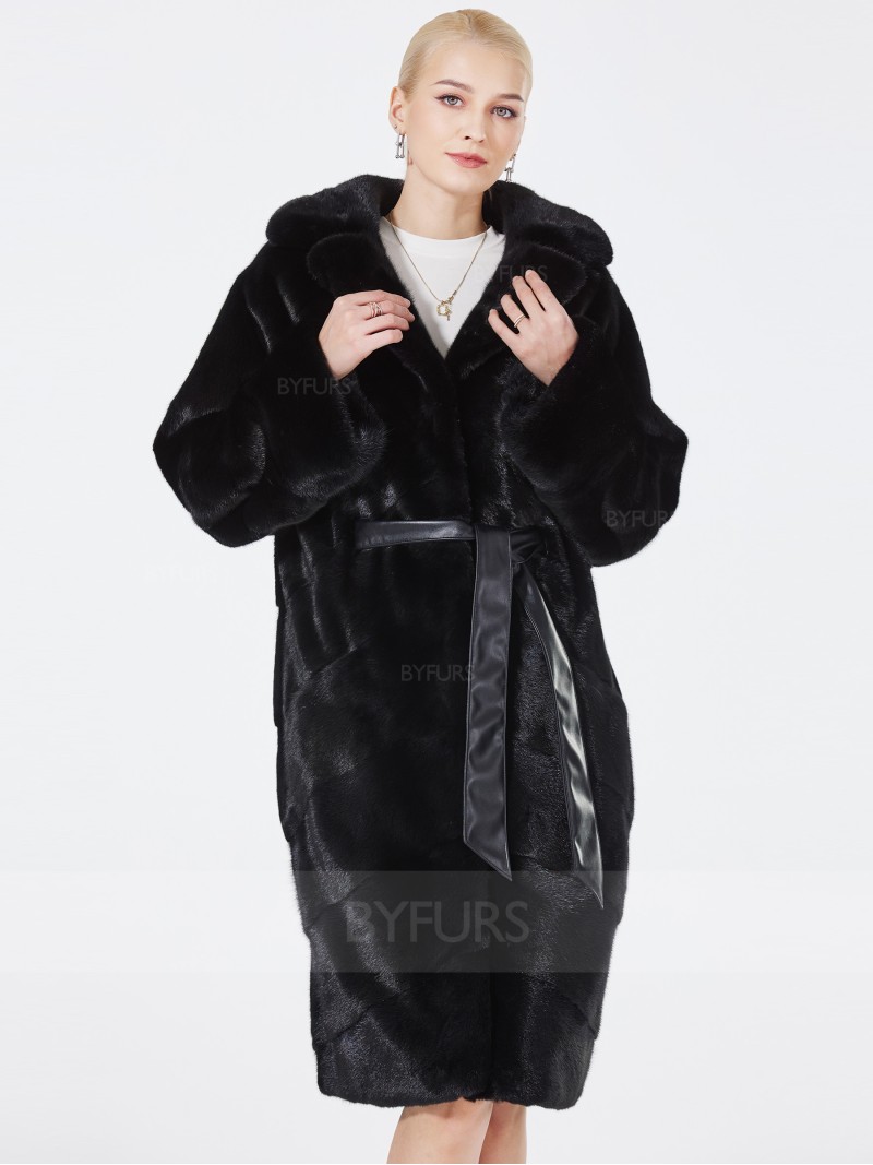 Knee Length Mink Fur Coat Black Suit Collar with Pockets Girdle