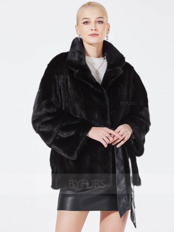 Cropped Length Mink Fur Jacket Women Black Stand Collar with Girdle
