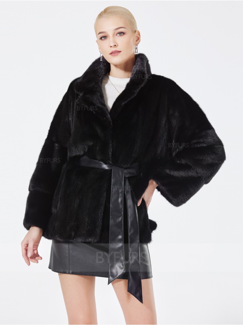 Cropped Length Mink Fur Jacket Women Black Stand Collar with Girdle