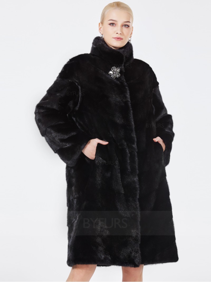 Knee Length Female Black Mink Fur Coat Stand Coat with Corsage