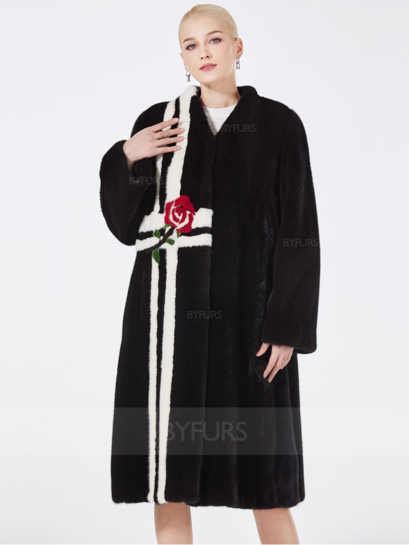 Real Mink Fur Black Coat Knee Length Women with Rose Pattern
