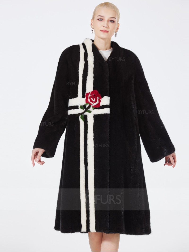 Real Mink Fur Black Coat Knee Length Women with Rose Pattern