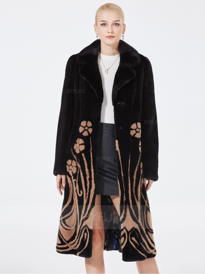 Knee Length Women Mink Fur Coat Women Black Real Fur Suit Collar with Pattern