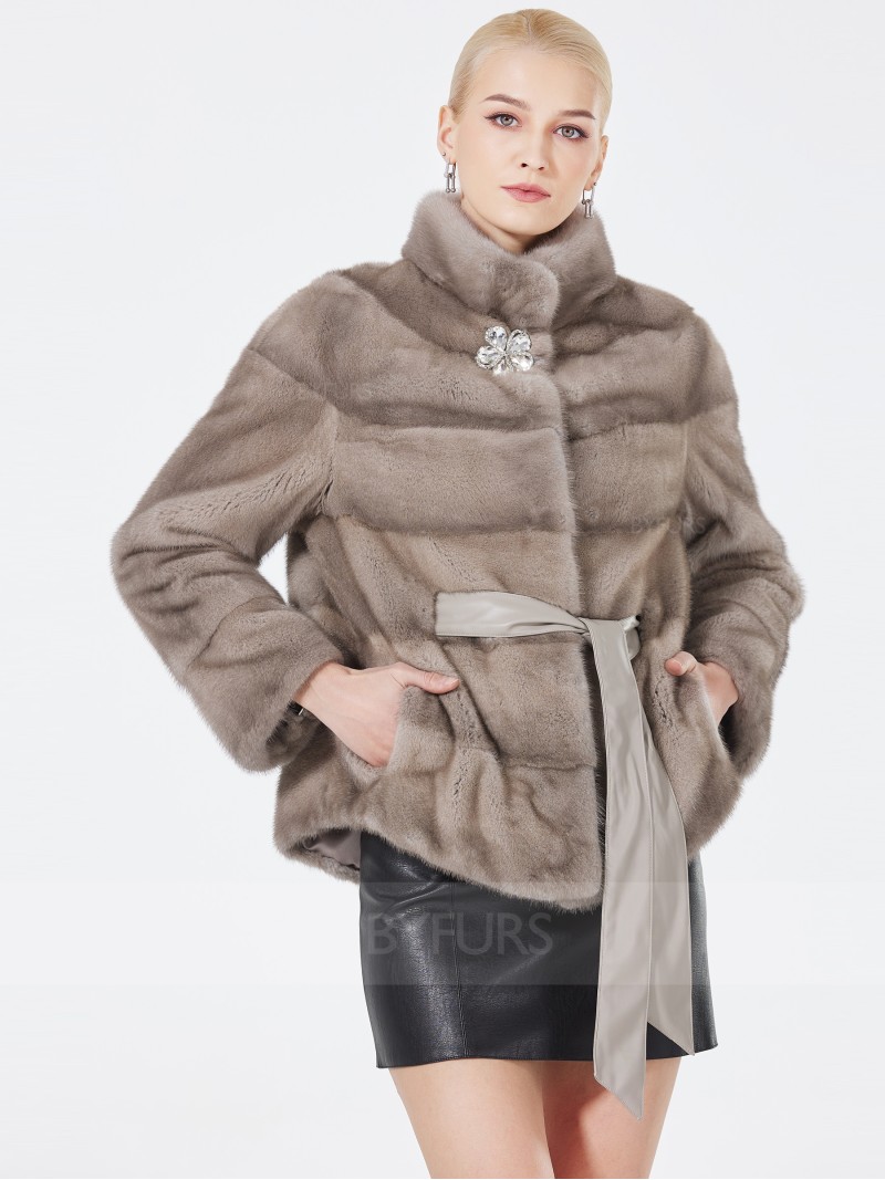 Women Real Mink Fur Jacket Cropped Length Silver Blue Stand Collar
