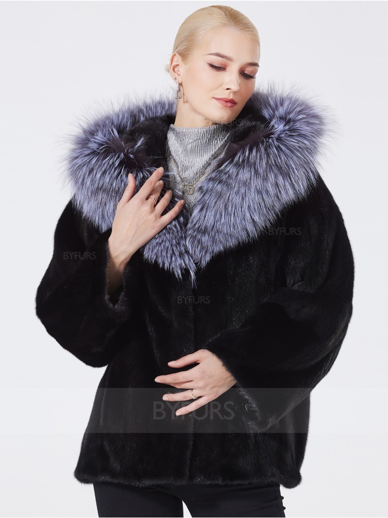Cropped Length Real Mink Fur Jacket Black with Fox Shawl Hat