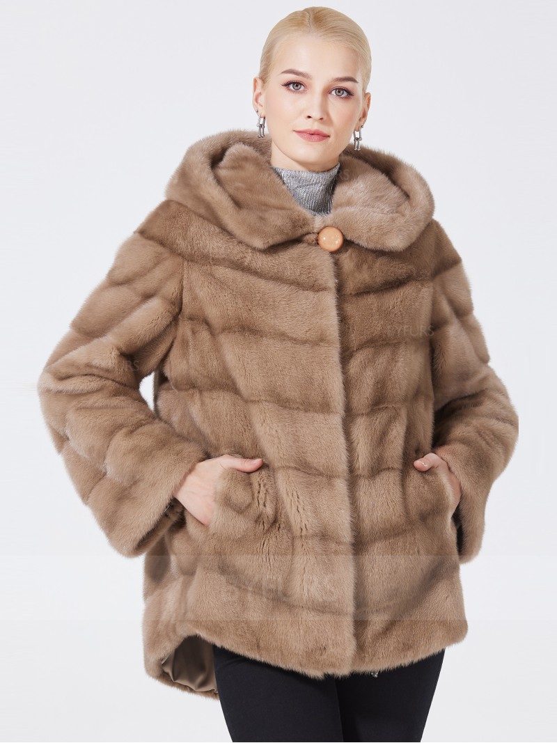 Hip Length Real Mink Fur Jacket Female with Hood Pockets