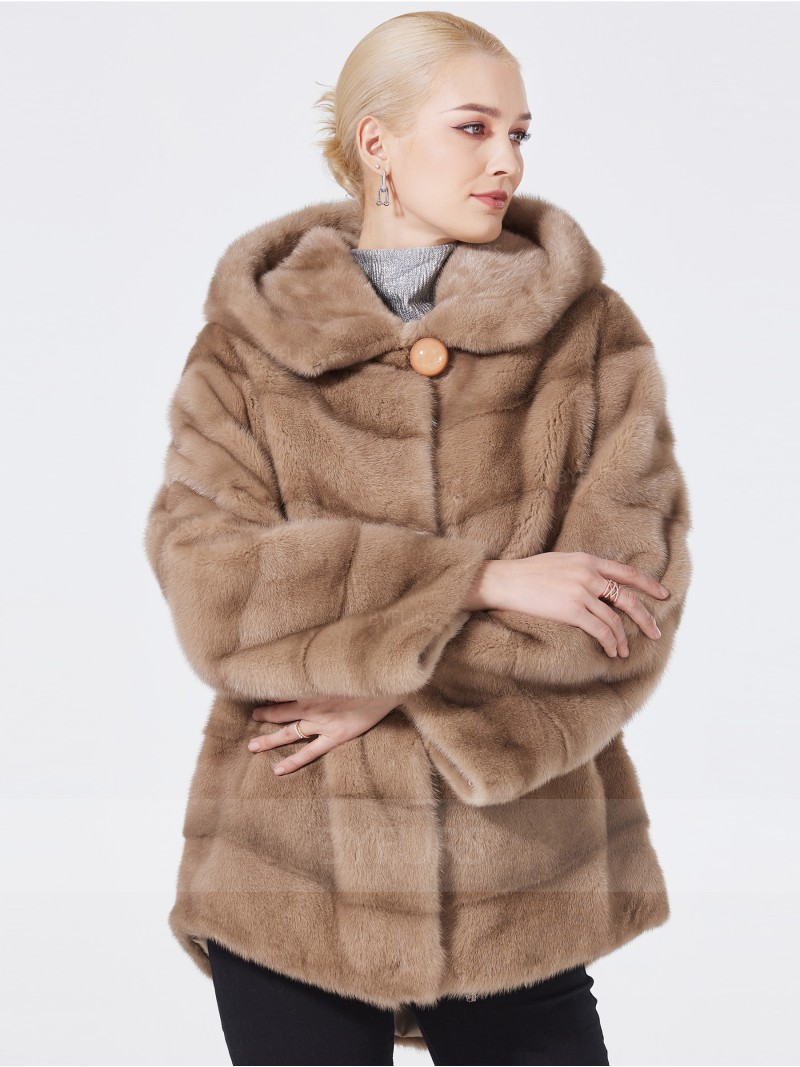 Hip Length Real Mink Fur Jacket Female with Hood Pockets
