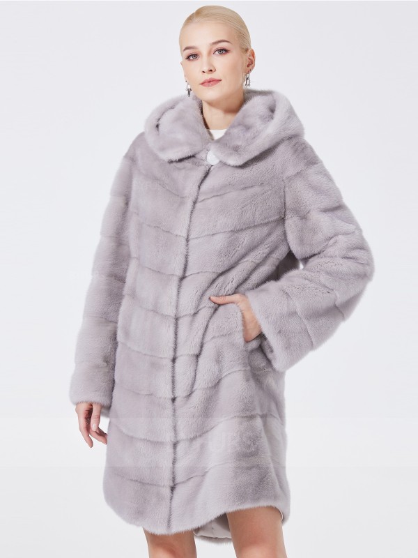 Mid-Length Real Mink Fur Coat Female with Hood