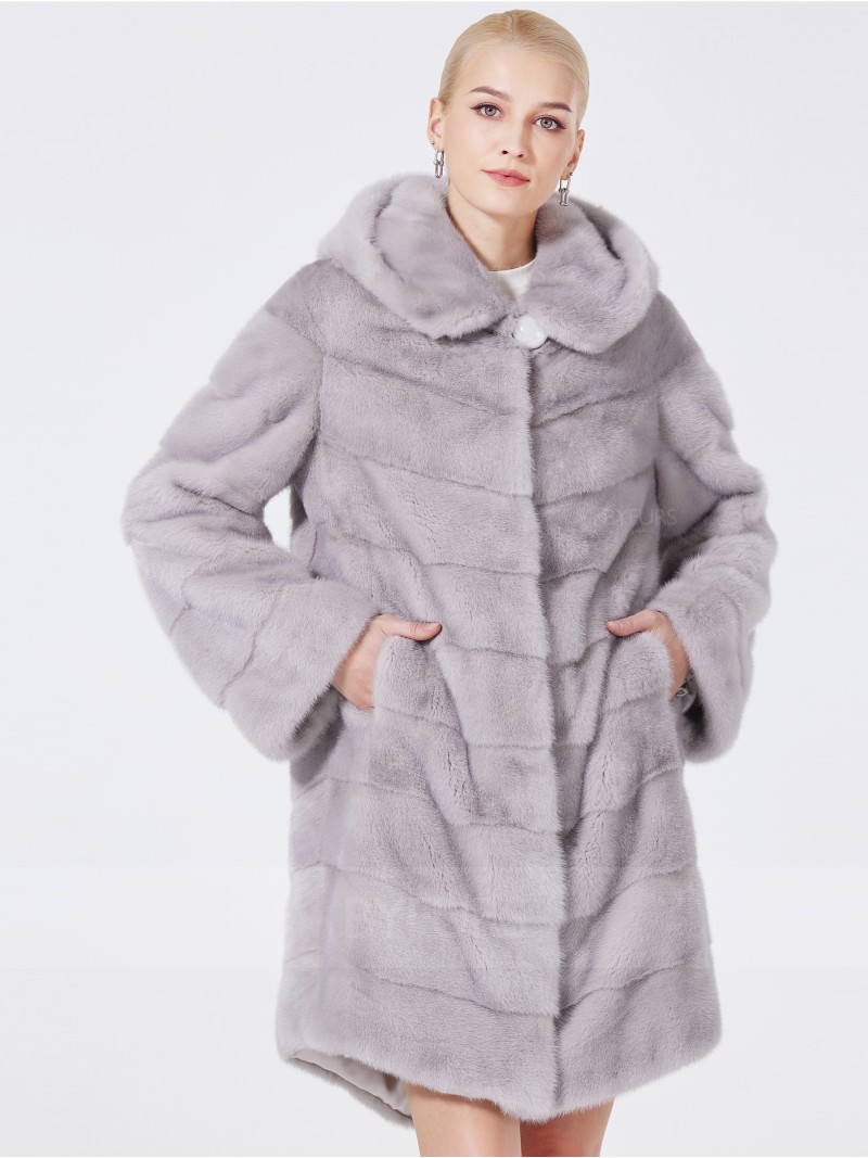 Mid-Length Real Mink Fur Coat Female with Hood