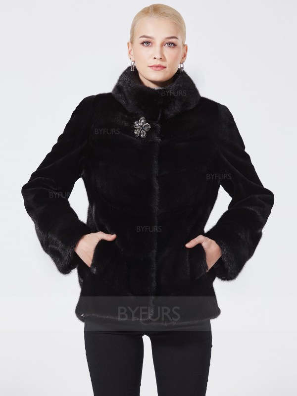 Cropped Length Mink Fur Jacket Black Stand Collar with Pockets