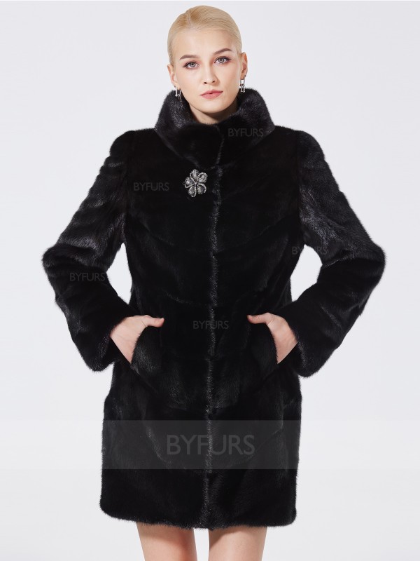 Mid-Length Real Mink Fur Coat Black Stand Collar with Pockets