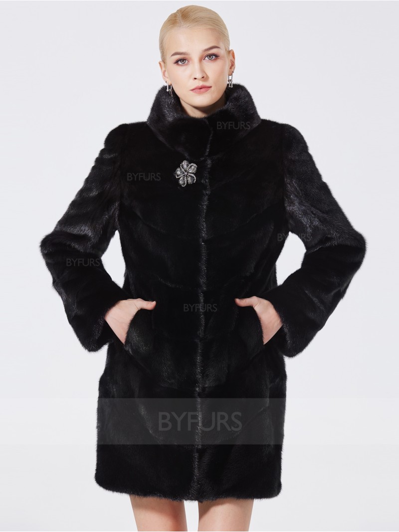 Mid-Length Real Mink Fur Coat Black Stand Collar with Pockets