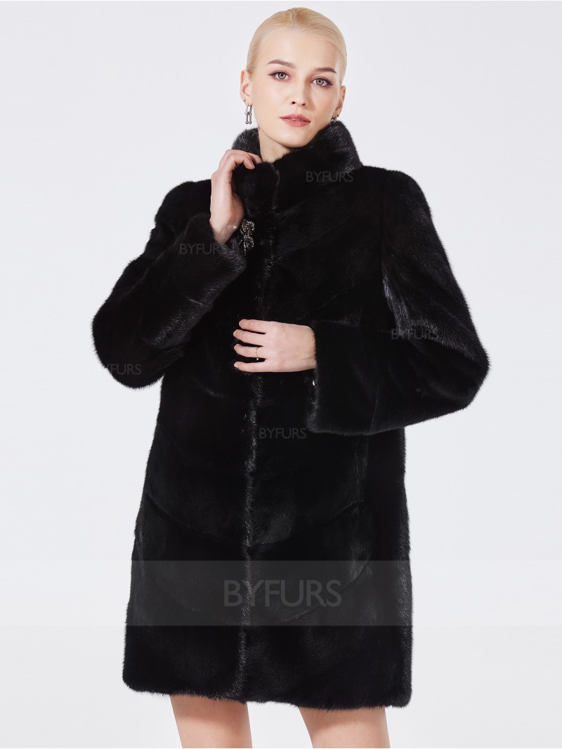Mid-Length Real Mink Fur Coat Black Stand Collar with Pockets