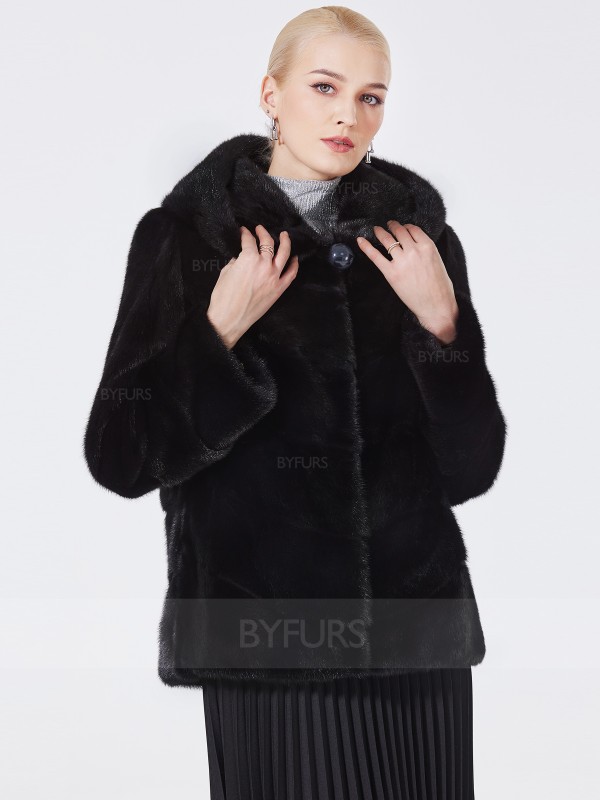 Cropped Length Real Mink Fur Jacket Women Black Stand Collar with Pockets