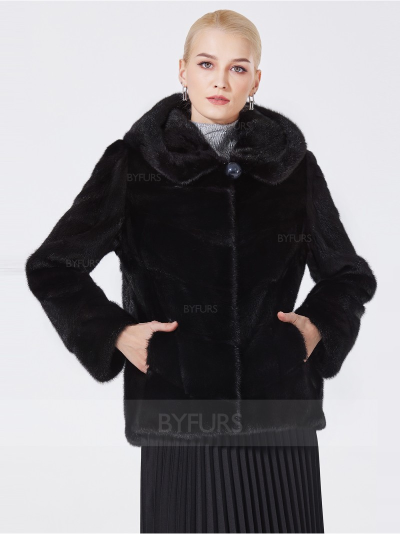 Cropped Length Real Mink Fur Jacket Women Black Stand Collar with Pockets