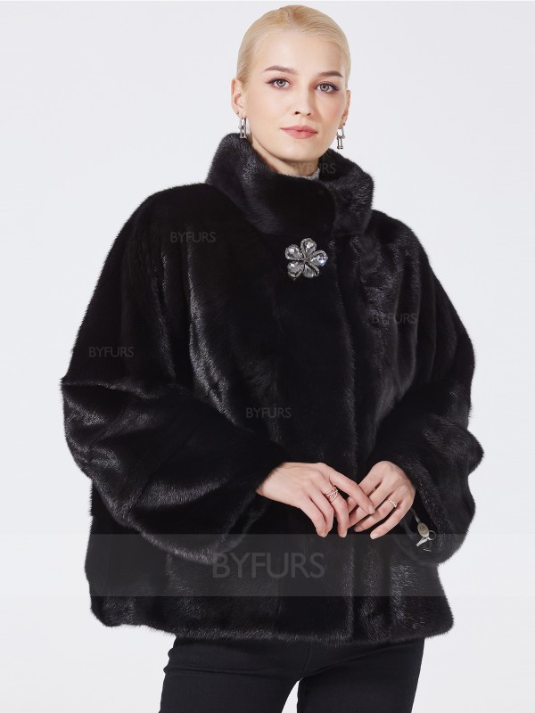 Cropped Length Black Mink Fur Jacket Stand Collar with Corsage