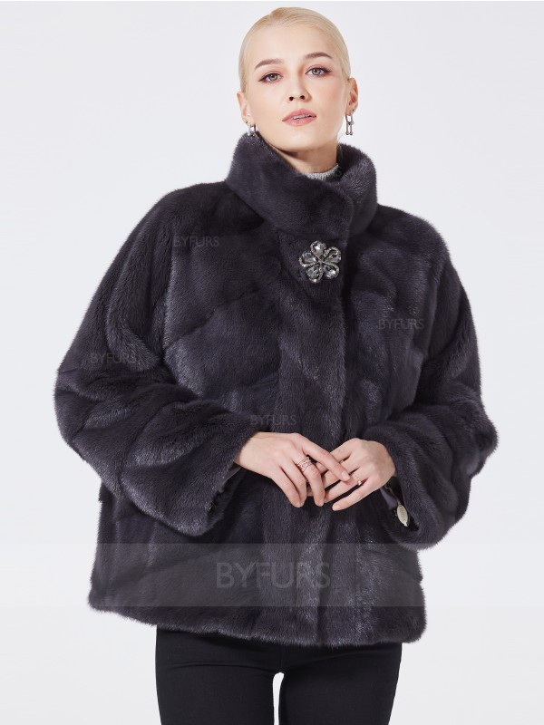 Cropped Length Mink Fur Jacket Stand Collar for Female