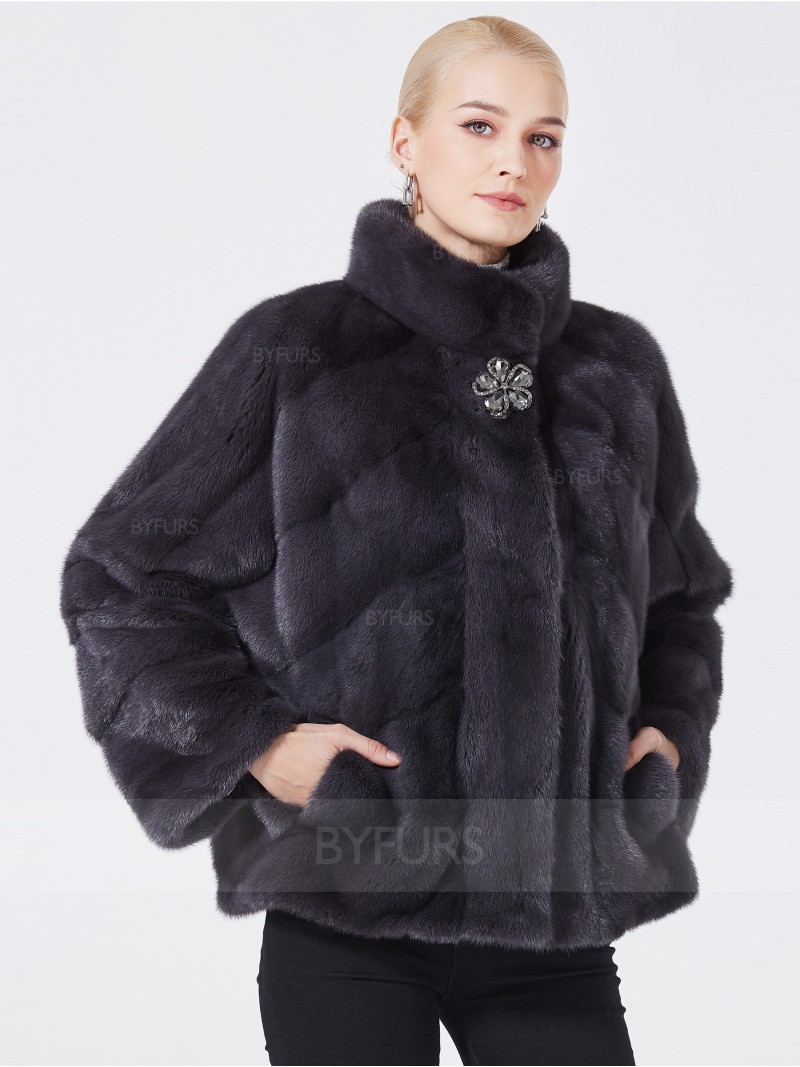Cropped Length Mink Fur Jacket Stand Collar for Female