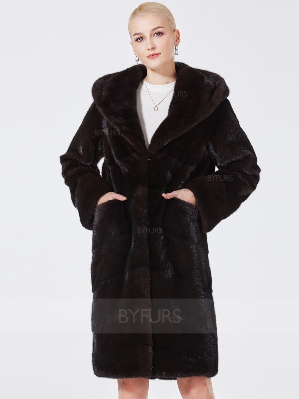 Knee Length Mink Fur Women Coat Shawl Hat with Pockets