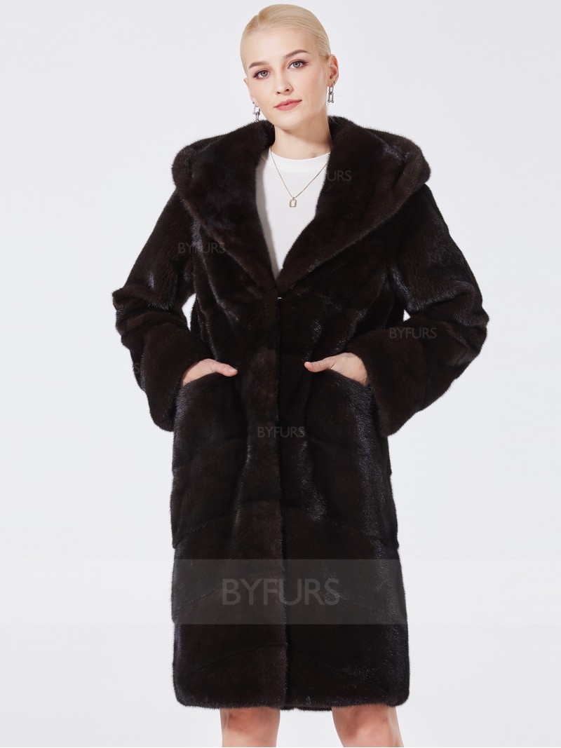 Knee Length Mink Fur Women Coat Shawl Hat with Pockets