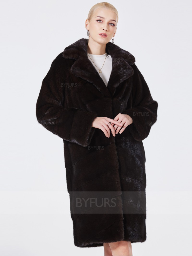 Knee Length Women Real Mink Fur Coat Suit Collar with Pockets
