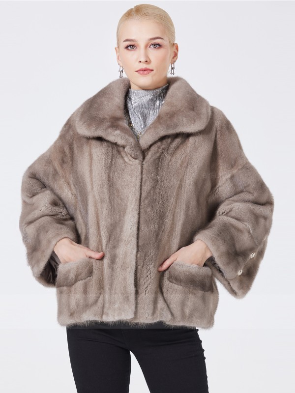 Cropped Length Mink Fur Jacket Women Silver Blue Swallowtail Collar