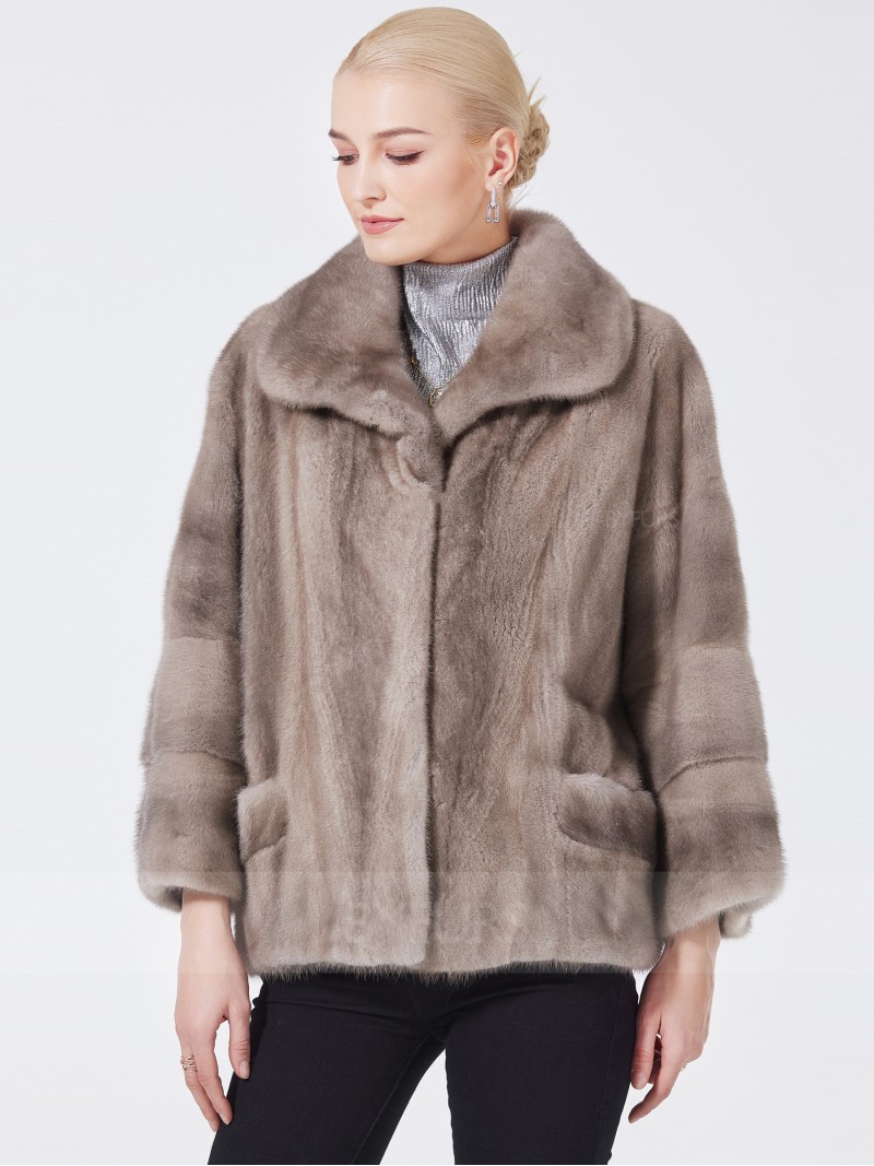 Cropped Length Mink Fur Jacket Women Silver Blue Swallowtail Collar