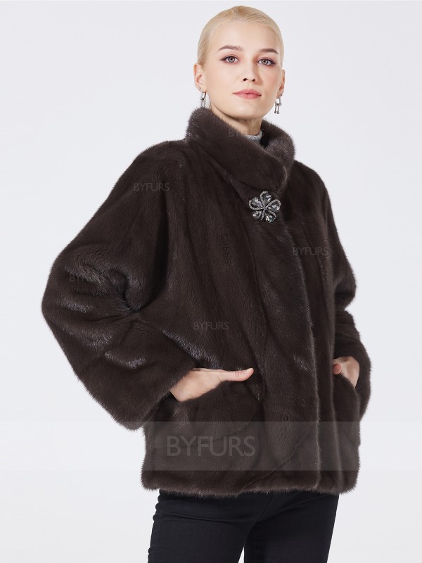 Cropped Length Real Mink Fur Jacket Bean Paste Color Stand Collar