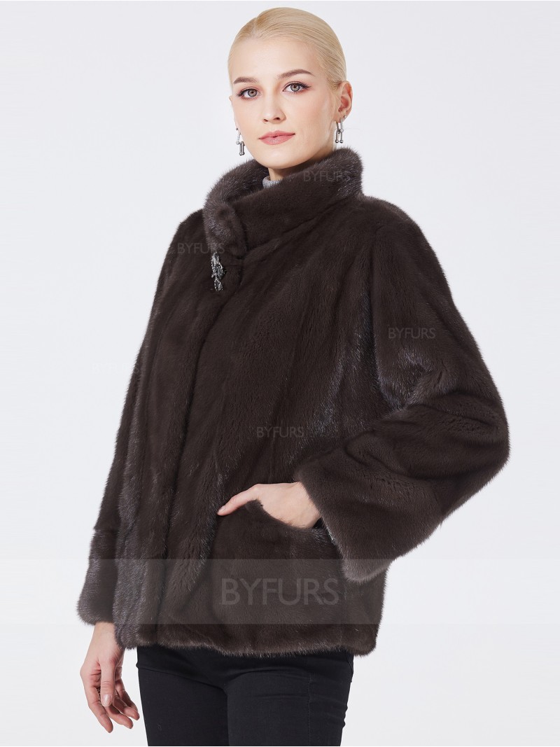 Cropped Length Real Mink Fur Jacket Bean Paste Color Stand Collar