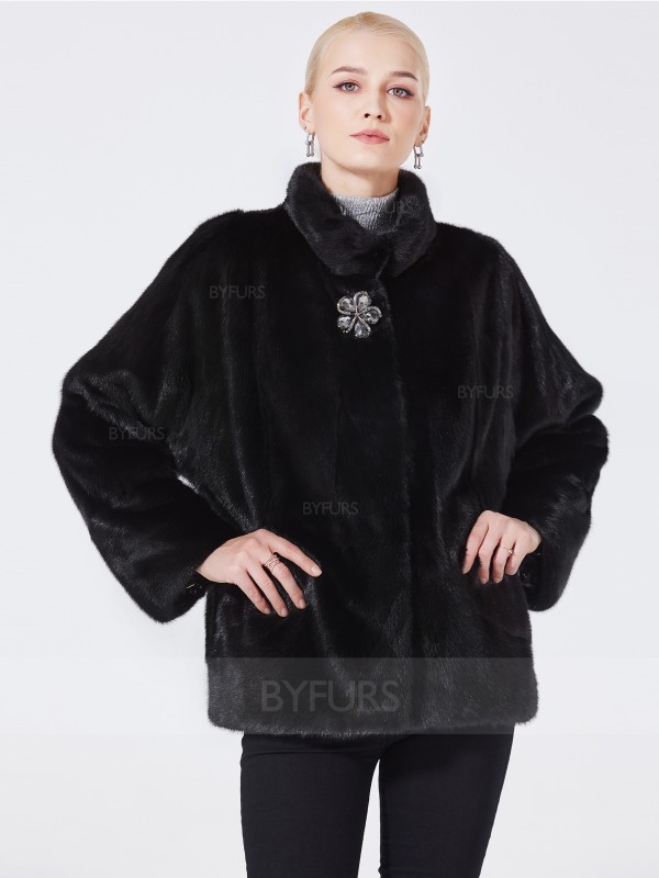 Cropped Length Mink Fur Female Jacket Black Stand Collar with Corsage