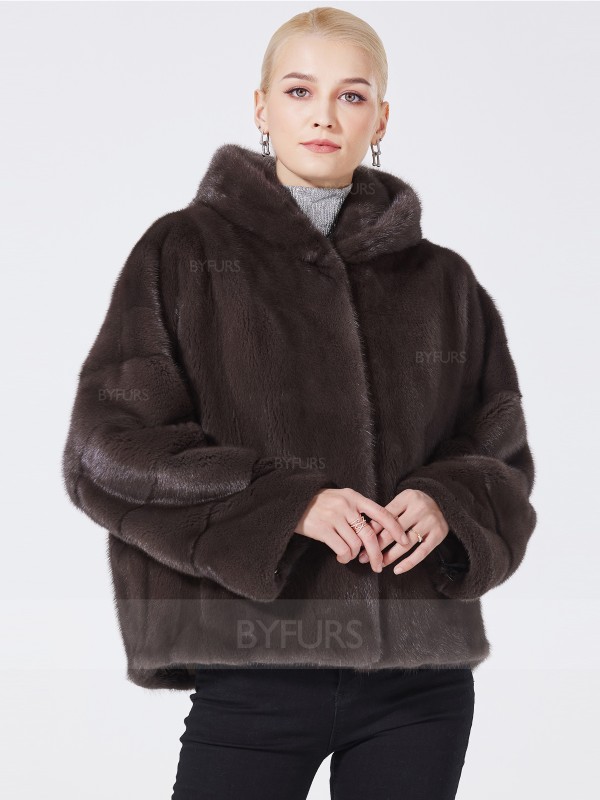 Cropped Length Female Mink Fur Jacket Bean Paste Color with Pockets Hood